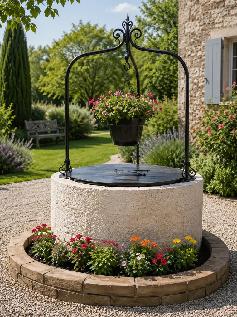 Dessus de puits en fer forgé coiffant un puits ancien en pierre, vue d'ensemble dans un jardin
