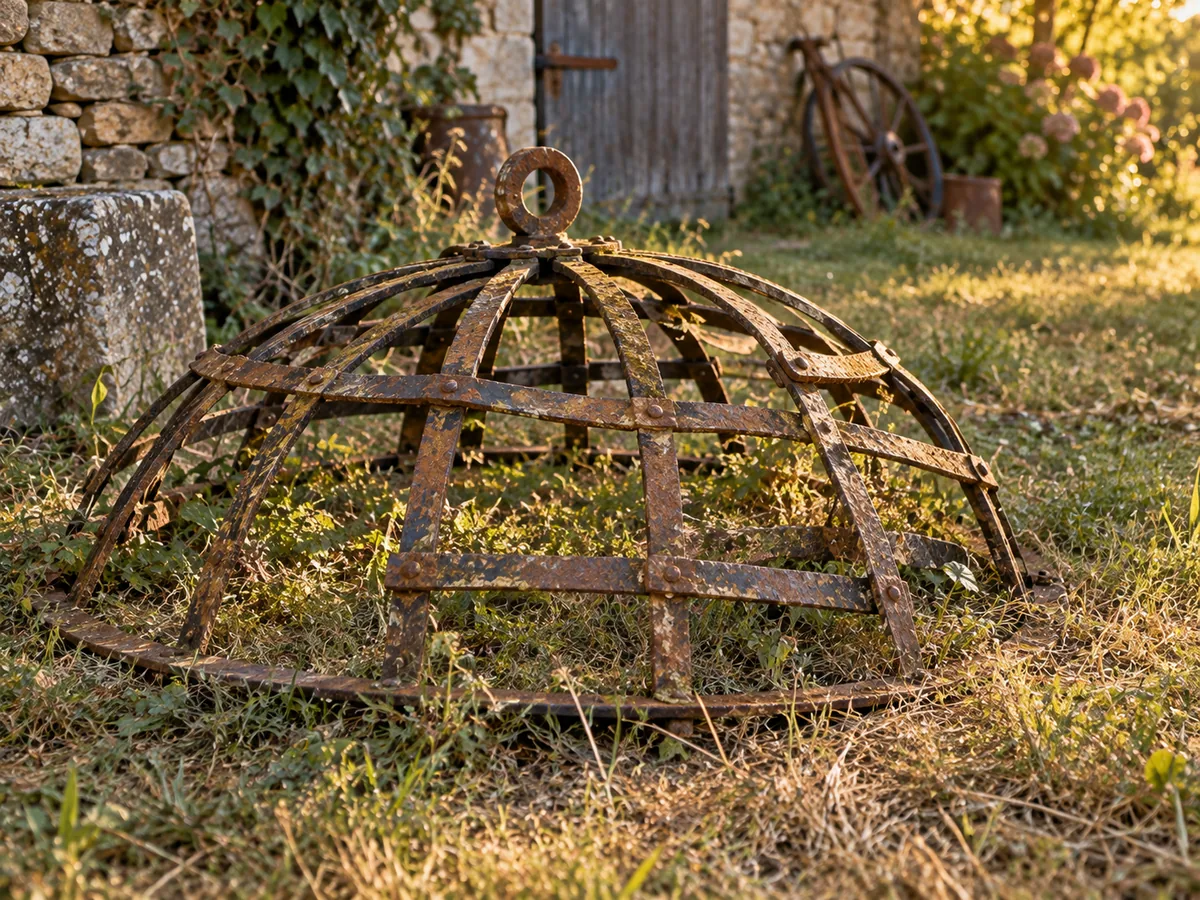 Vieille grille de puits en fer forgé rouillée et descellée, posée dans l'herbe