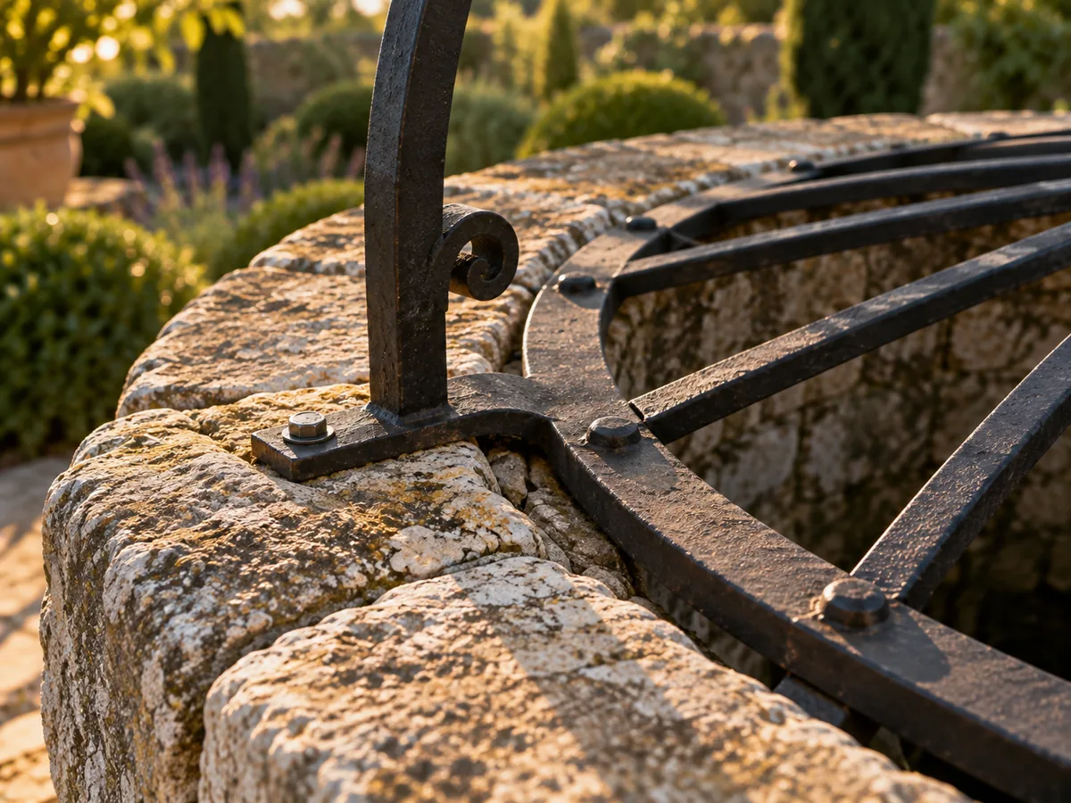 Patte de fixation d'une grille de puits scellée dans une margelle en pierre de taille ancienne