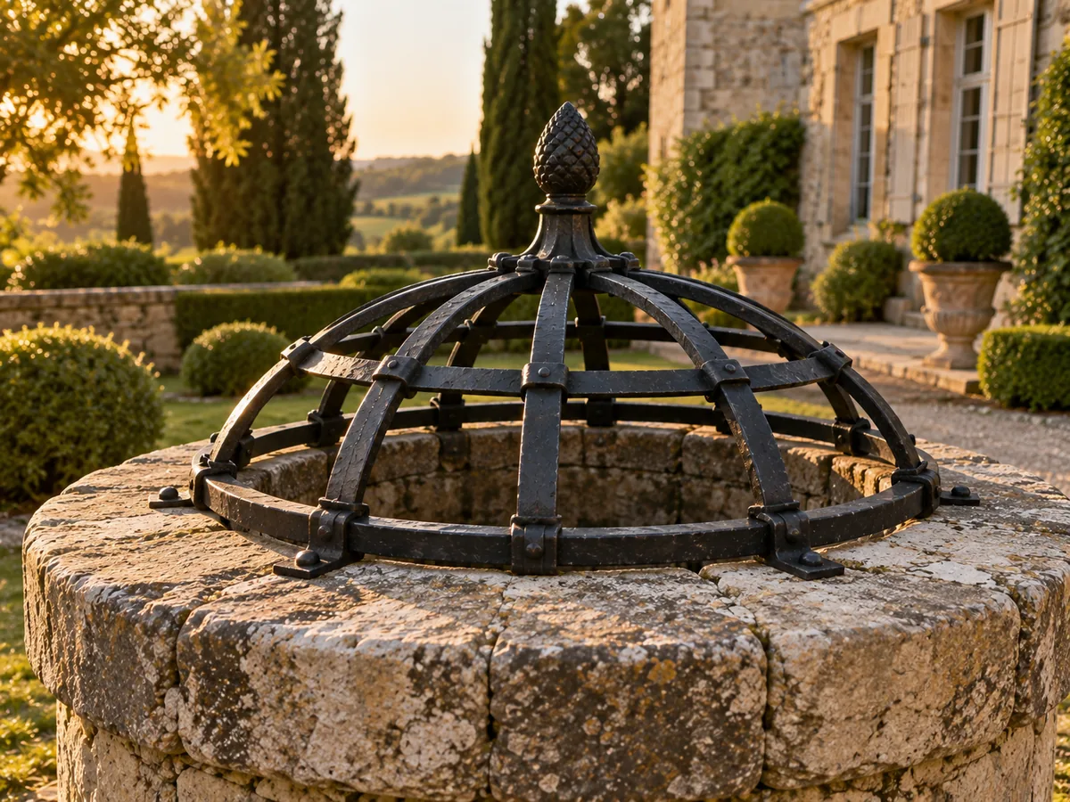 Grille de puits médiévale à cintres croisés et pomme de pin forgée, assemblages rivetés