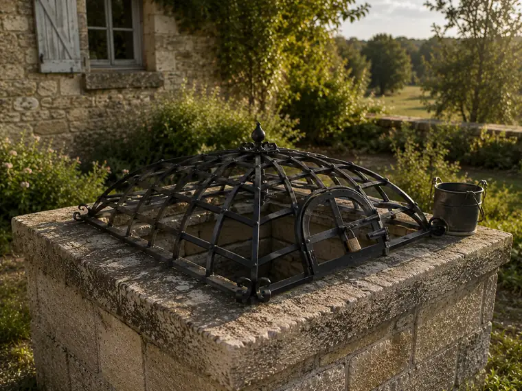 Grille verrouillable de puits en fer forgé