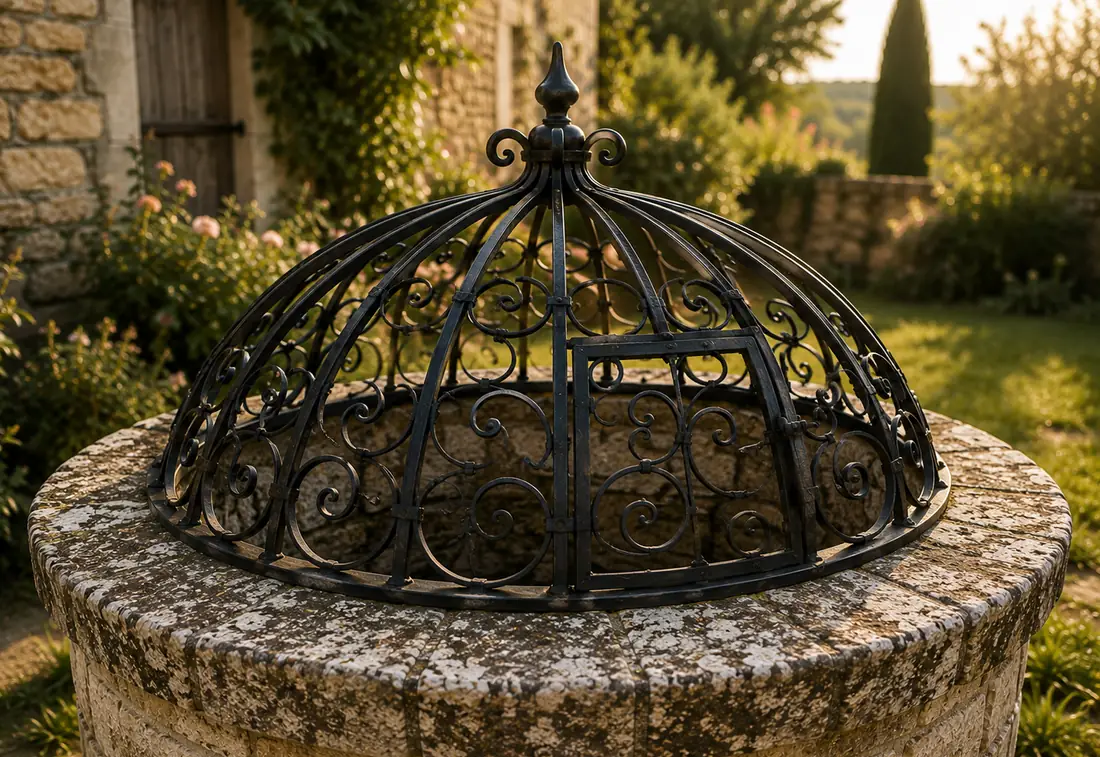 Puits en pierre coiffé d'une grille bombée en fer forgé, dans un jardin de campagne