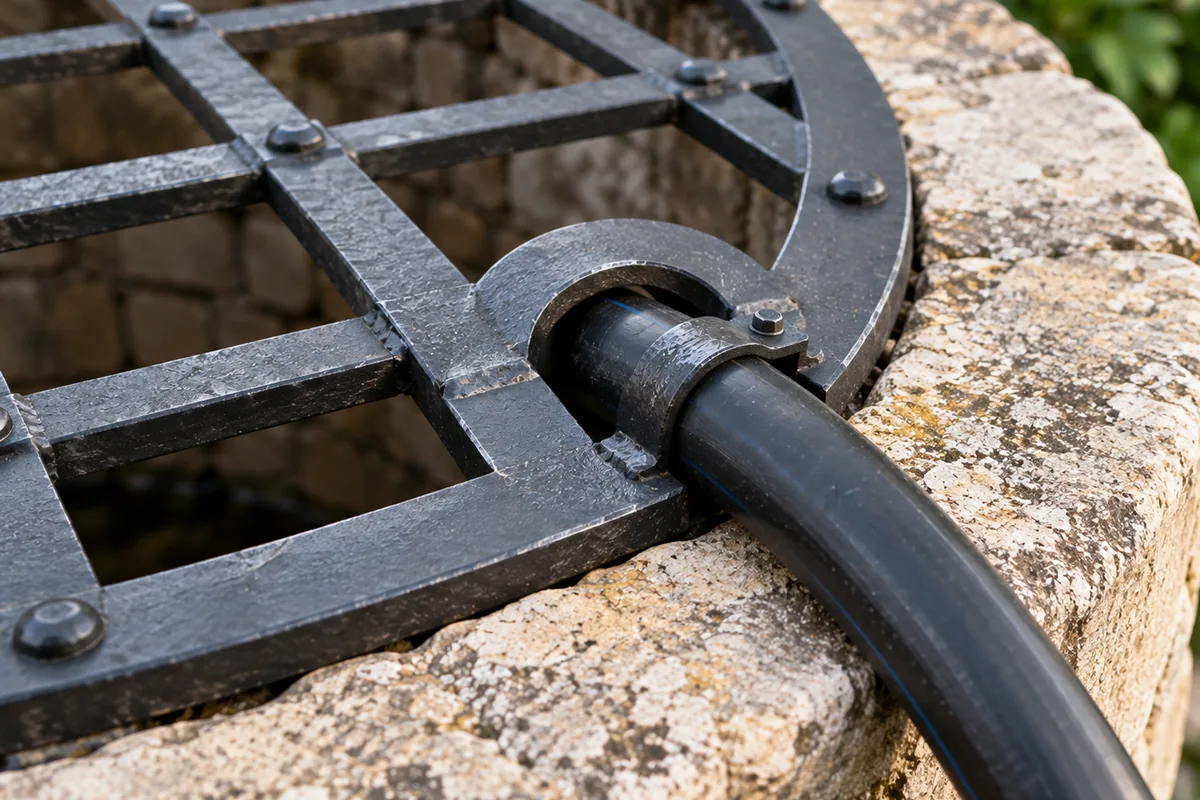 Tuyau de pompe traversant une grille de puits par une échancrure bordée de fer plat