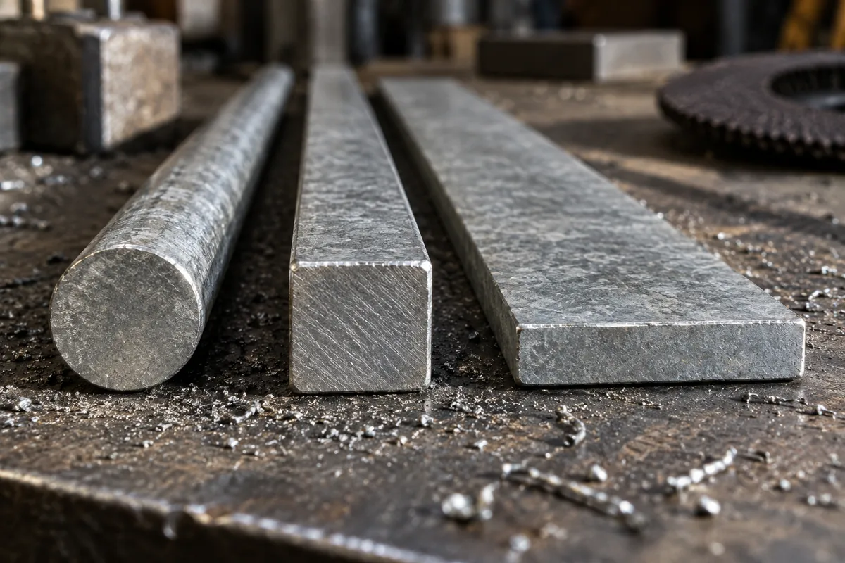 Trois profils d'acier plein sur un établi d'atelier : rond de 14 mm, carré de 14 mm et fer plat de 30 × 10 mm